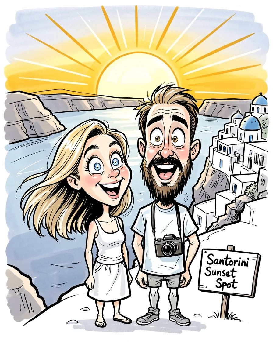 [Travel & Cultural Experiences] Vivid travel scene of a couple watching the sunset over the Santorini caldera, full of wonder and adventure