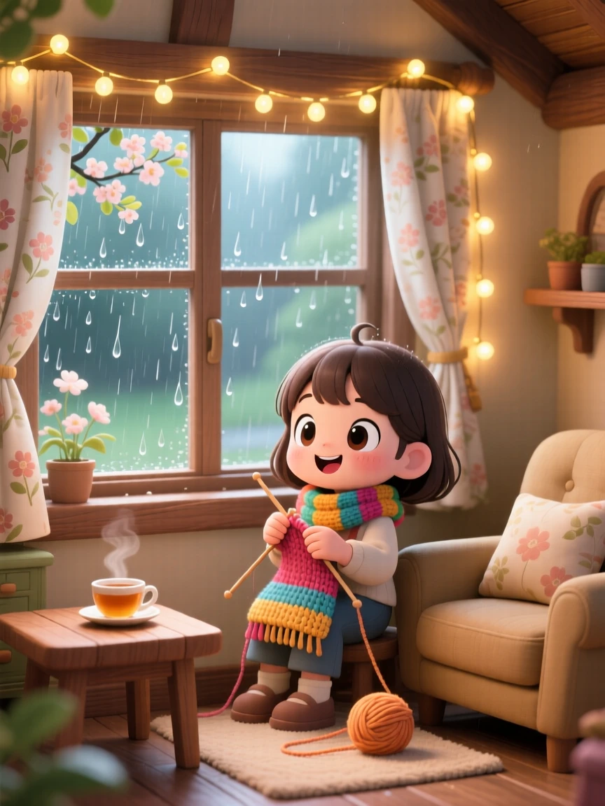 In a quiet cottage sitting room, a young girl is knitting a scarf beside a window on a rainy day during a gentle spring rain shower, bathed in warm fairy-light glow, expression full of curious excitement. Shot as a medium shot.