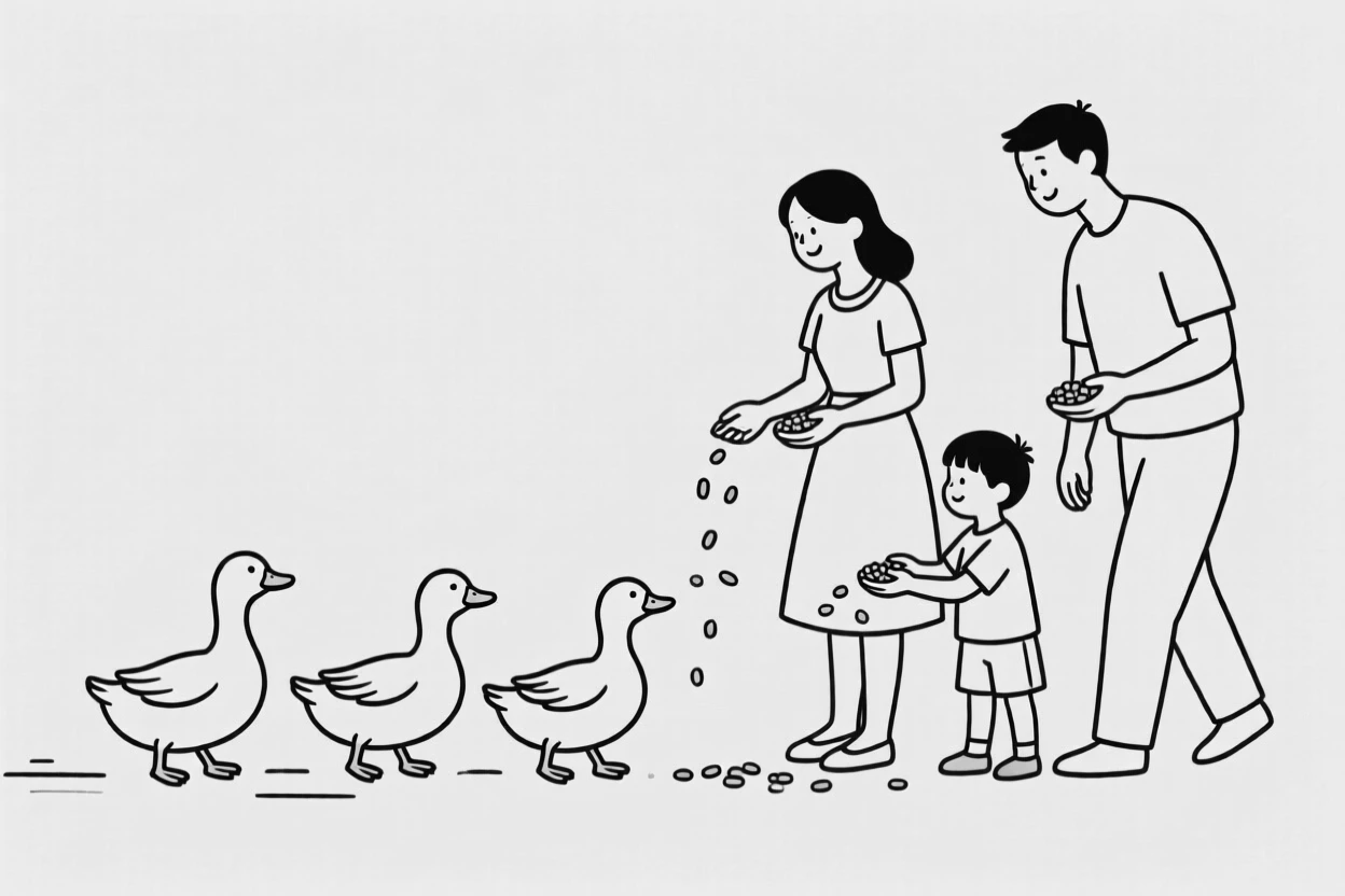 A family of ducks followed closely by a family of humans feeding them