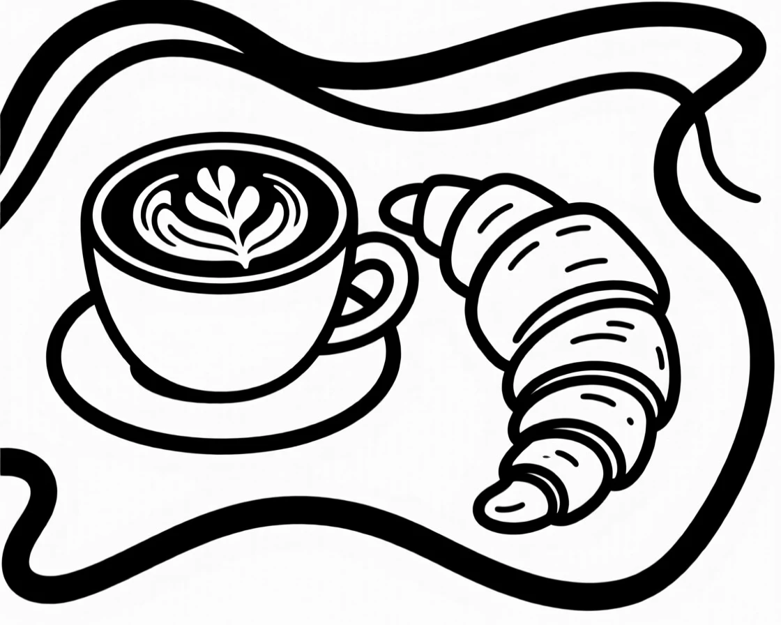 A cup of coffee with delicate latte art next to a croissant.
