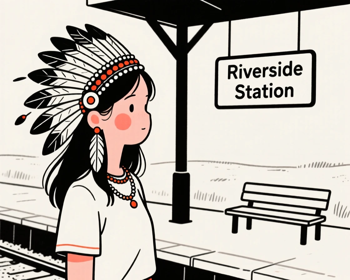 A teenage girl of Cuban heritage wearing a Native American ceremonial headdress, glowing with nostalgia, at a rural train station.