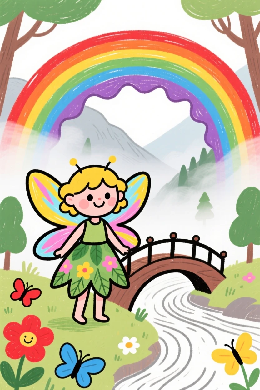 A small forest fairy with glowing wings beside a rainbow bridge over a misty valley.