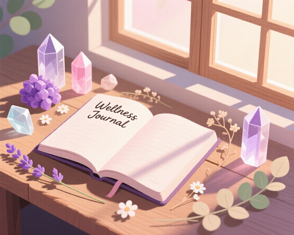 A wellness journal surrounded by crystals and dried flowers, placed near a large window with morning light streaming in, composed with a relaxed, candid feel, with gentle pastel tones evoking calm and comfort.