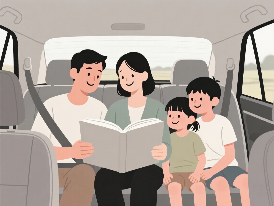 A family reading together together during a road trip.