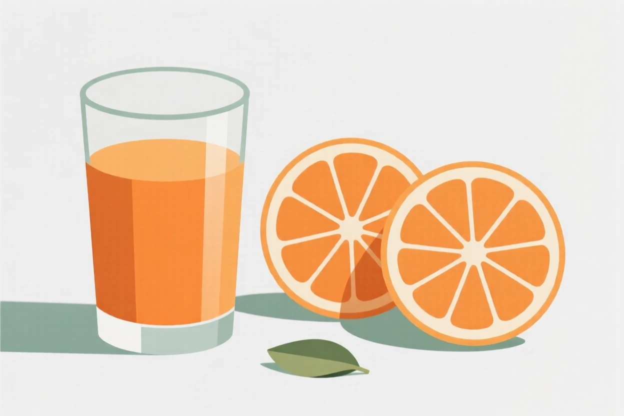 A glass of orange juice next to sliced oranges