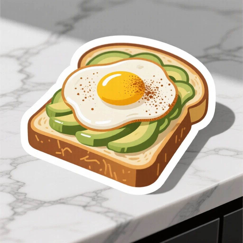 A freshly made slice of avocado toast with a fried egg, dusted with cinnamon on top, on a marble countertop with soft shadows.