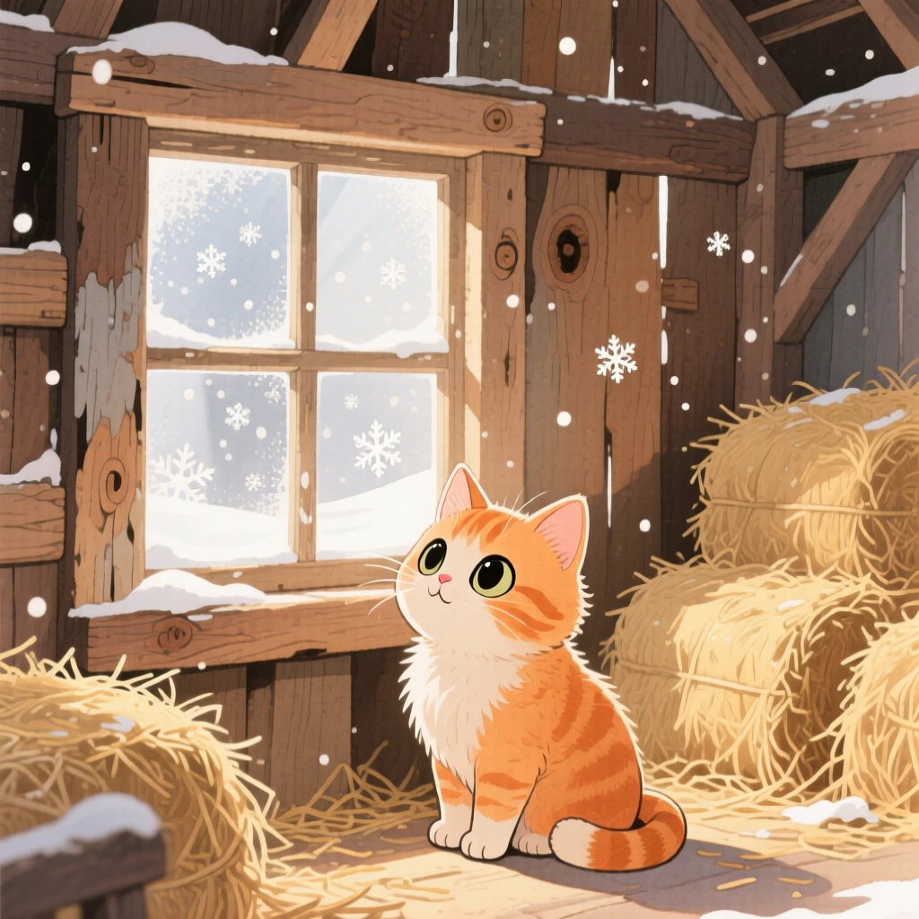 A fluffy orange kitten watching snowflakes fall for the first time, set in a rustic barn filled with soft hay, brimming with cozy comfort.