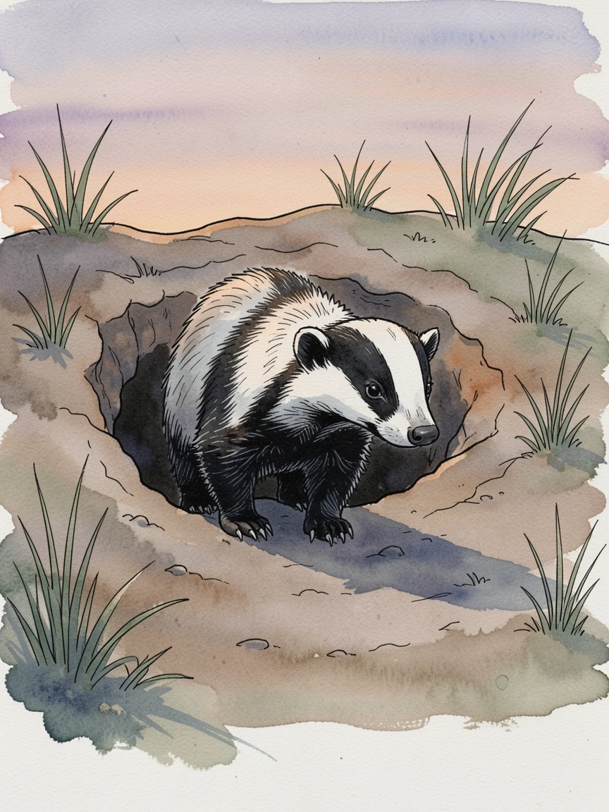 A badger emerging cautiously from its burrow at dusk, soft shadows stretching long across the ground.