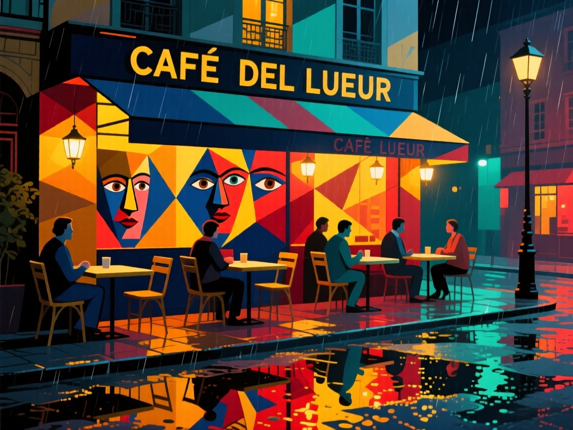 A vibrant scene of a warmly lit café terrace reflecting colorful lights in puddles after rain.