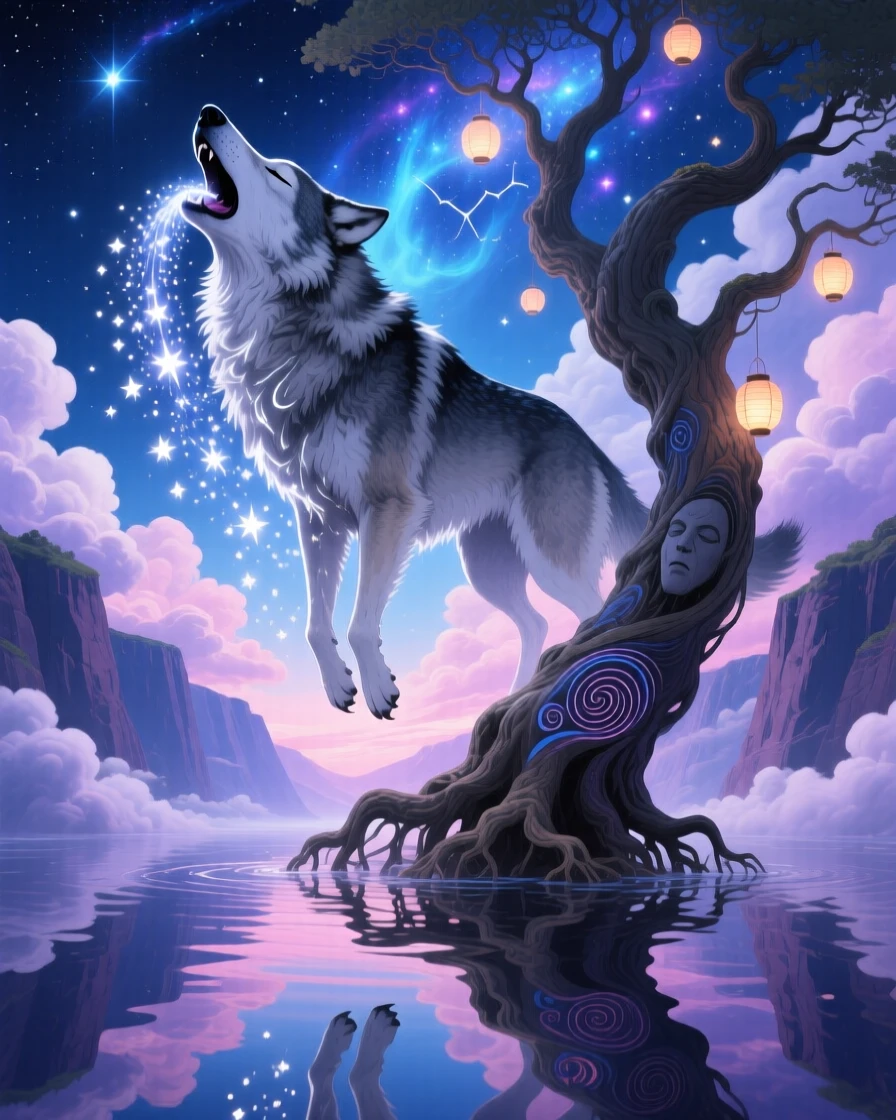 A wolf howling while stars pour from its open mouth drifts weightlessly through a canyon of soft clouds, while its reflection shows a completely different creature.