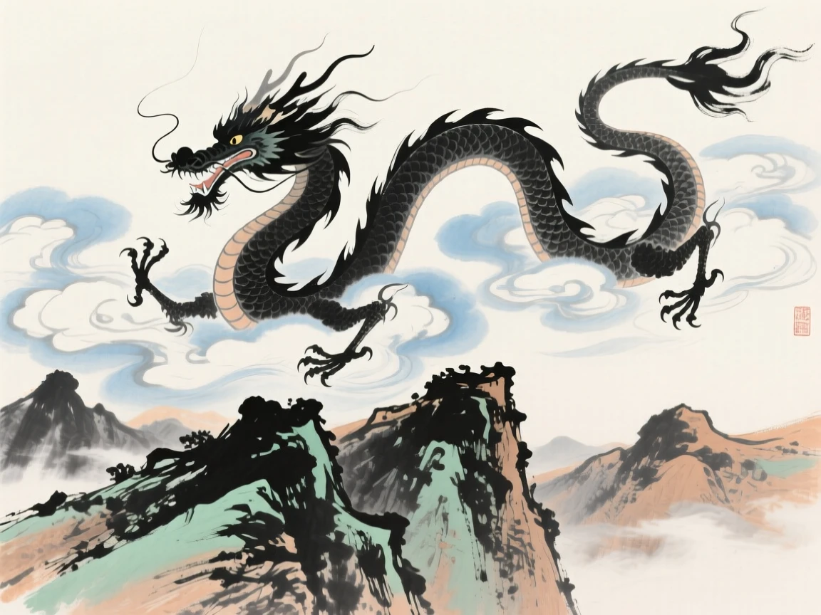A celestial dragon coiling through clouds above a jagged mountain range, brimming with peaceful contentment.