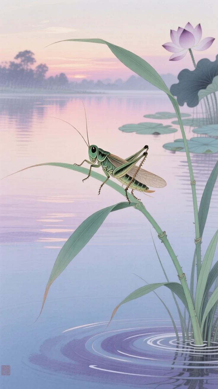 A cricket standing at the edge of a quiet lake at dusk