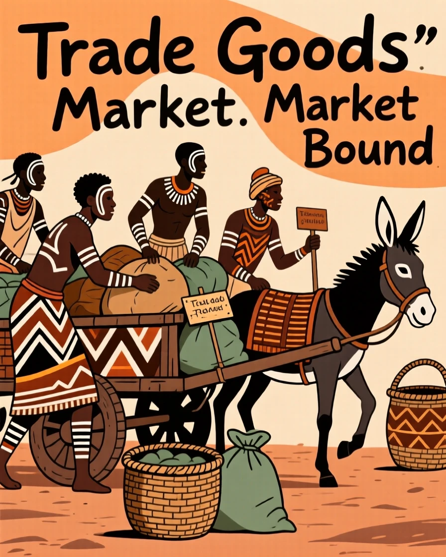 A group of traders loading goods onto a donkey cart.