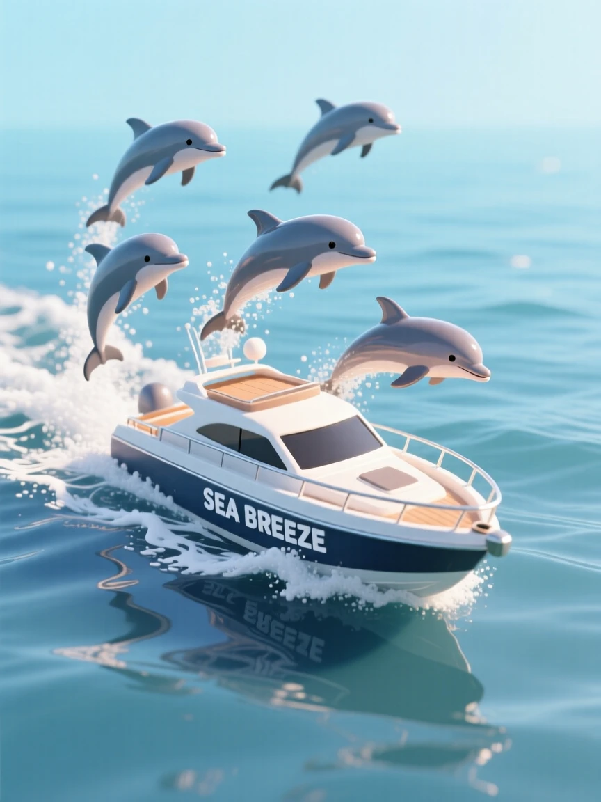 A group of dolphins playing in the wake of a boat, leaping joyfully through sparkling spray in the afternoon sun.