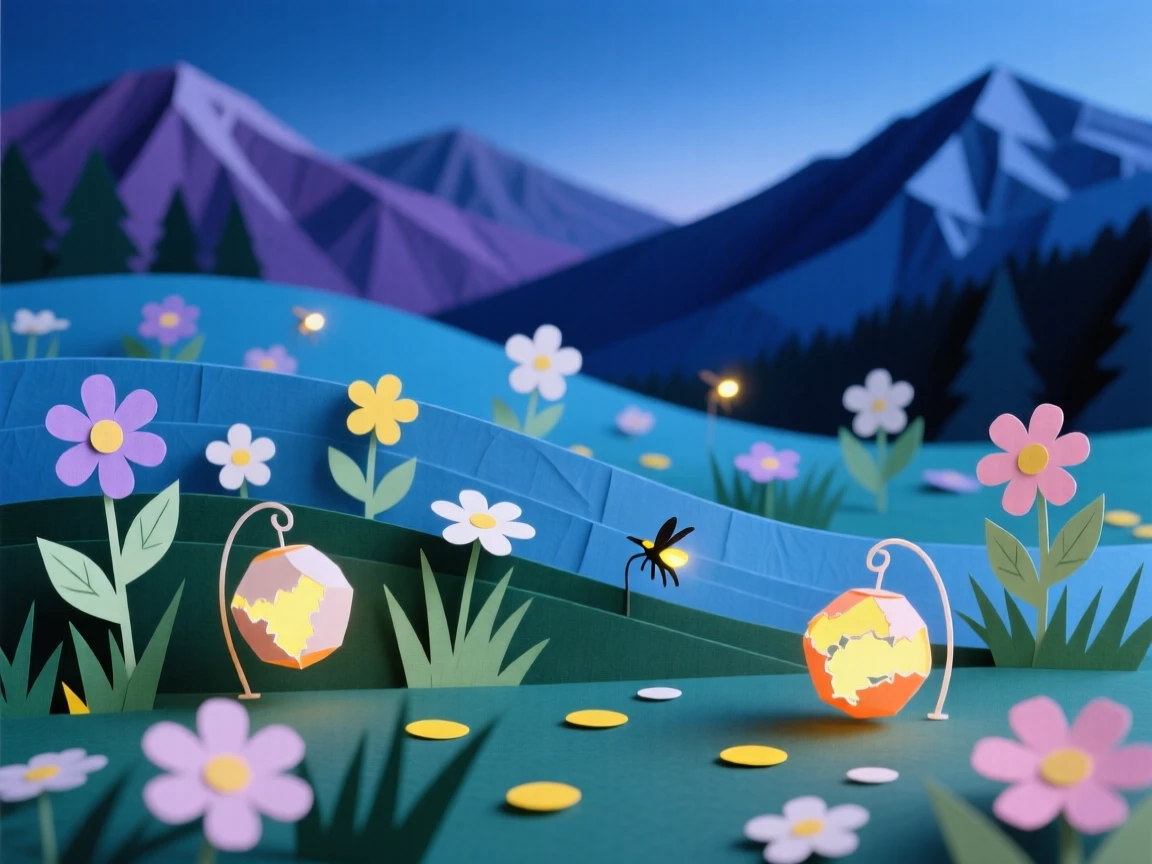 A quiet alpine meadow dotted with wildflowers in the deep blue hour after dusk, with fireflies glowing softly in the grass, conveying the quiet power of the natural world.