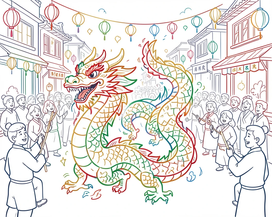 A festive dragon dance winding through a Lunar New Year street parade.