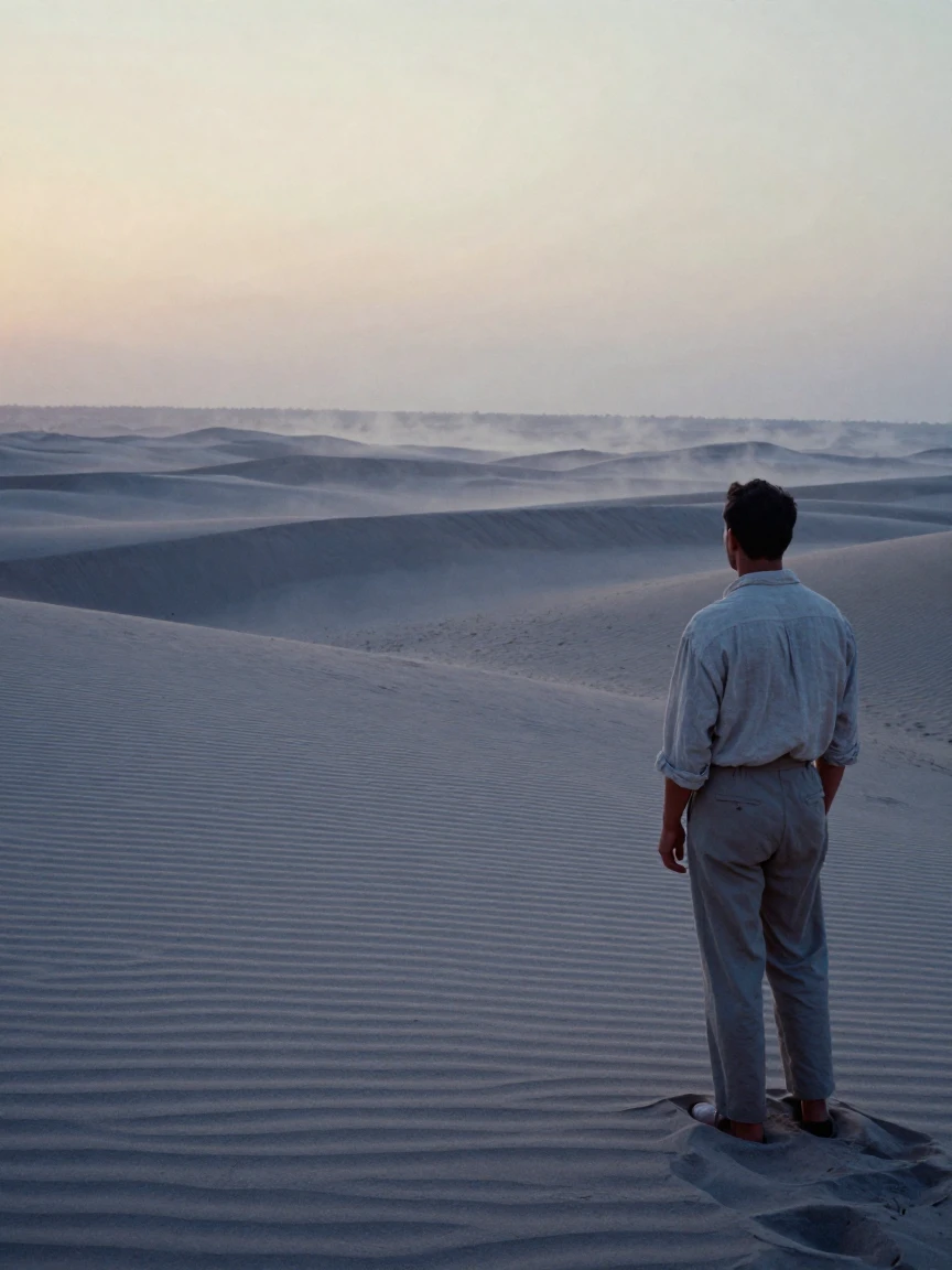 Rippled sand dunes stretching endlessly toward the horizon, in the pale light just before sunrise, as mist rises off the ground, during the long days of summer, in cool blues and silvery greys, over the shoulder of the main subject.