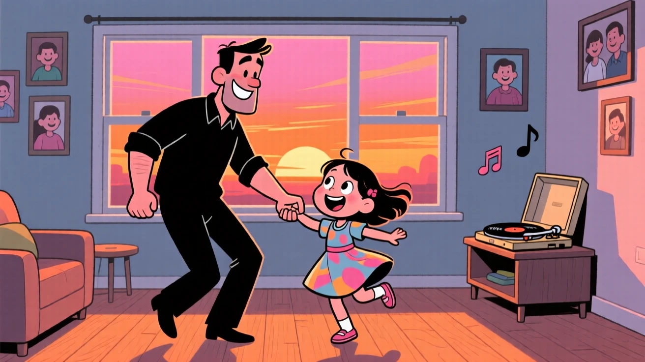A heartwarming scene of a father and his daughter dancing together in the living room to their favorite song, as the sun sets in warm orange hues behind them.