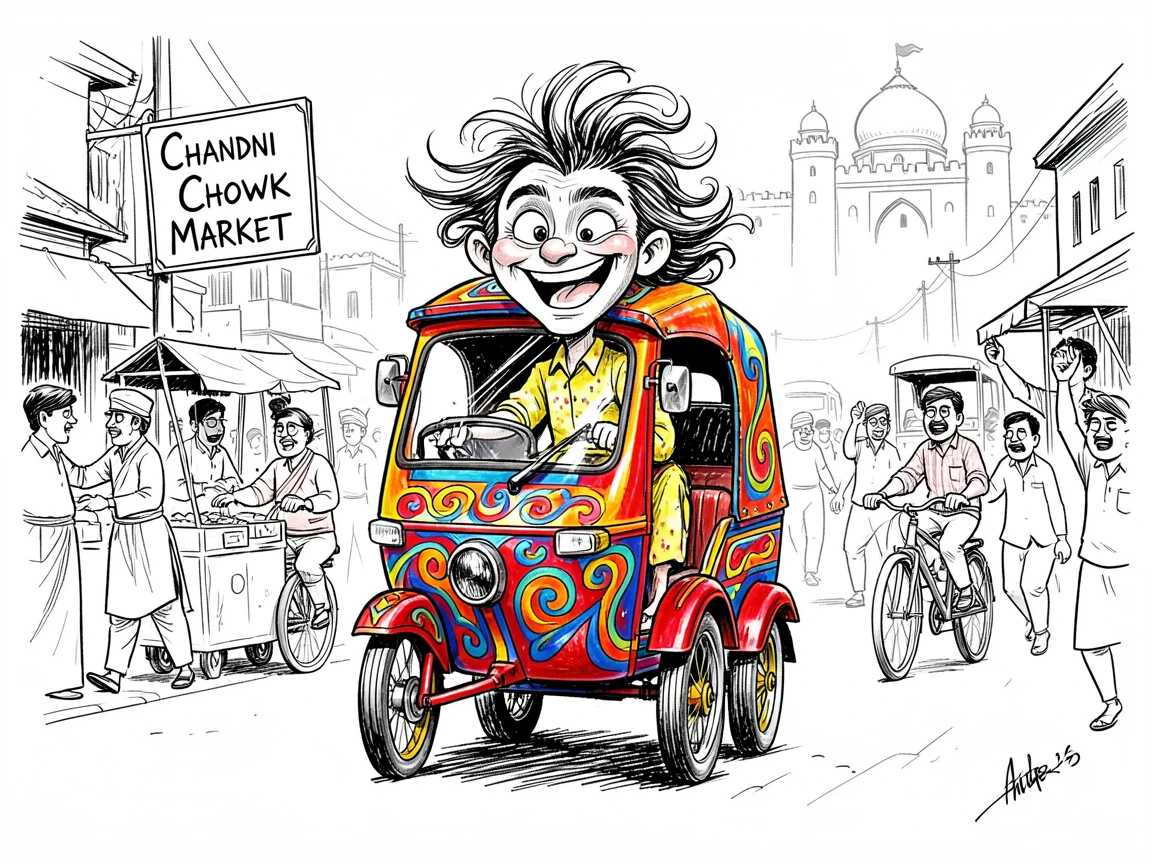 [Travel & Cultural Experiences] Vivid travel scene of a traveler riding a colorful rickshaw through busy Delhi streets, full of wonder and adventure