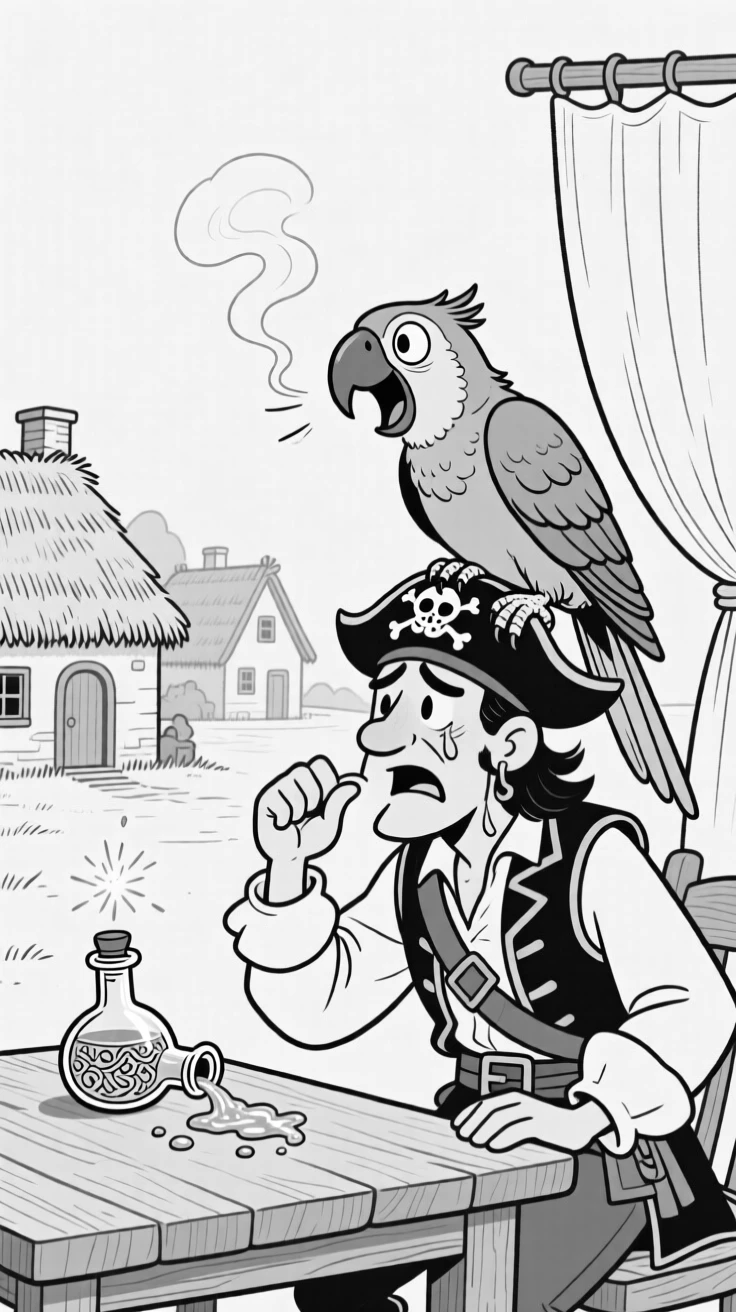 A pirate captain arguing with a talking parrot, sighing dramatically as another potion spills, set on the outskirts of a tiny thatched-roof village. A stray spark sets a curtain gently smoldering. The scene turns epic fantasy into pure charming comedy.
