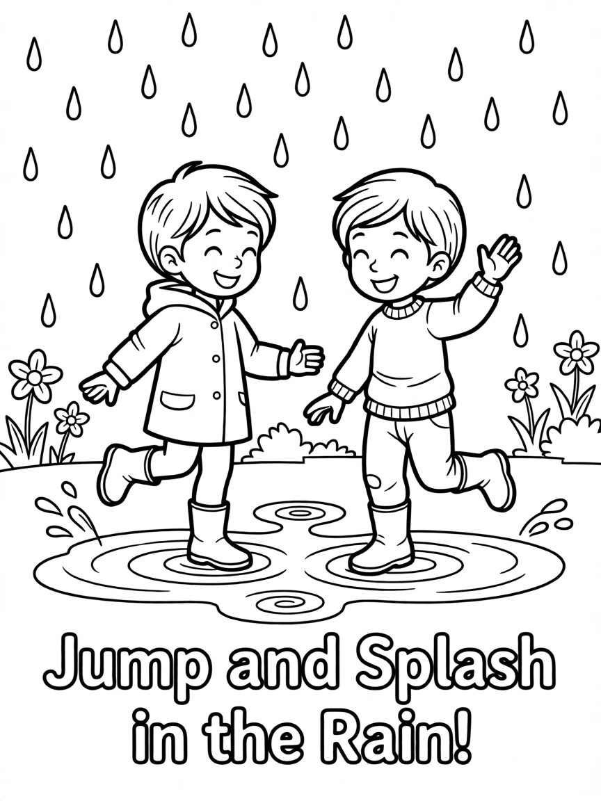 A spring rain shower with children jumping in puddles wearing boots