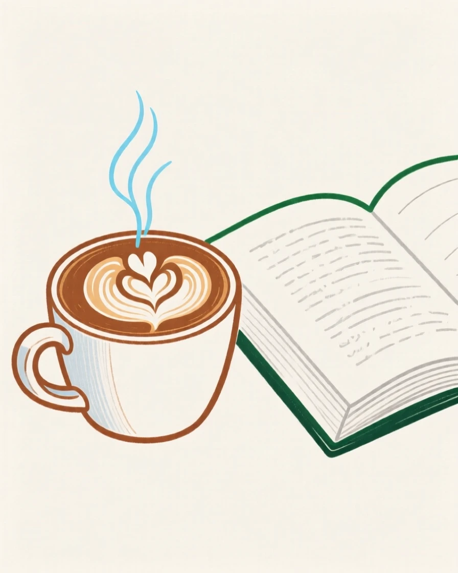 A cup of coffee with latte art beside an open book.