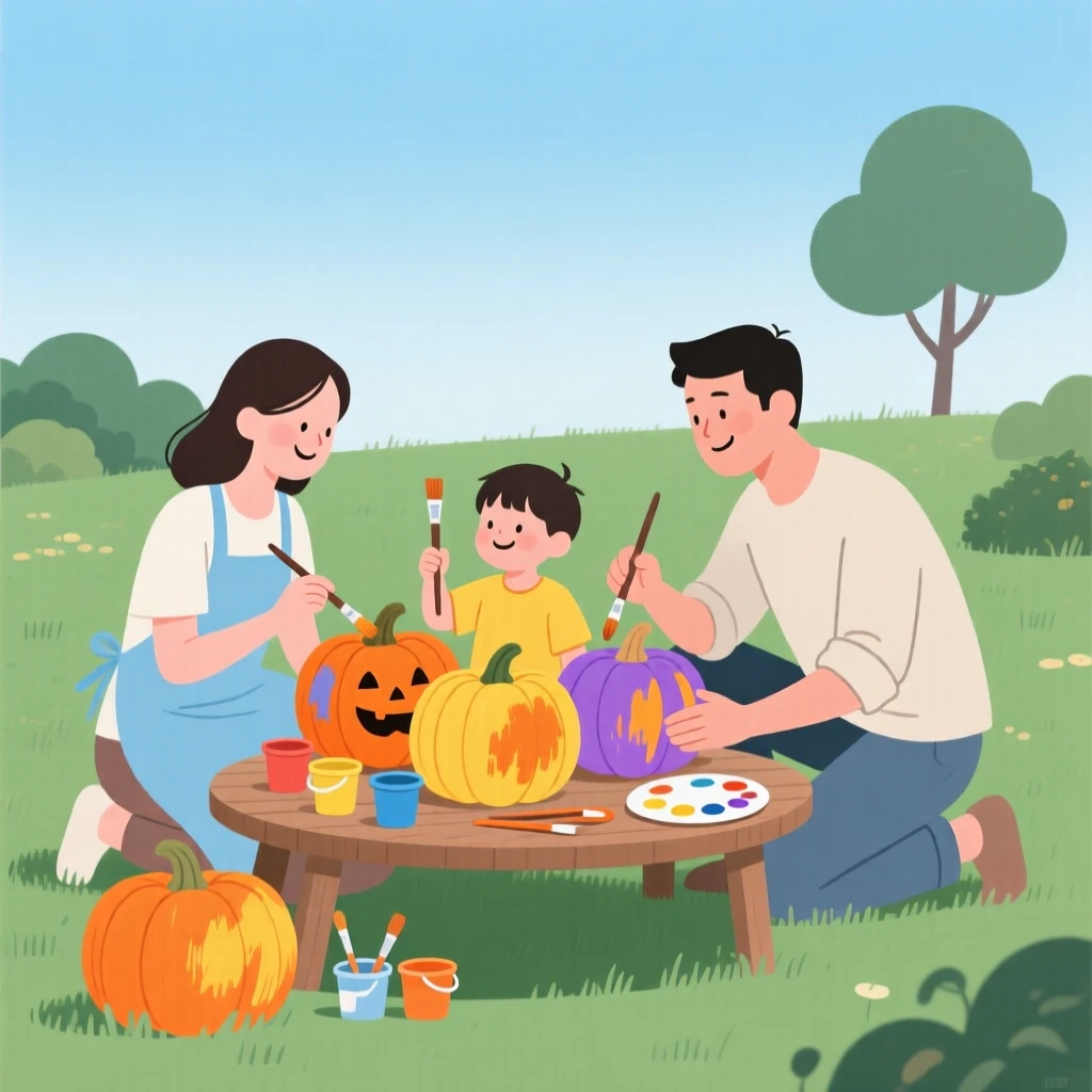 A family painting pumpkins together in the garden.