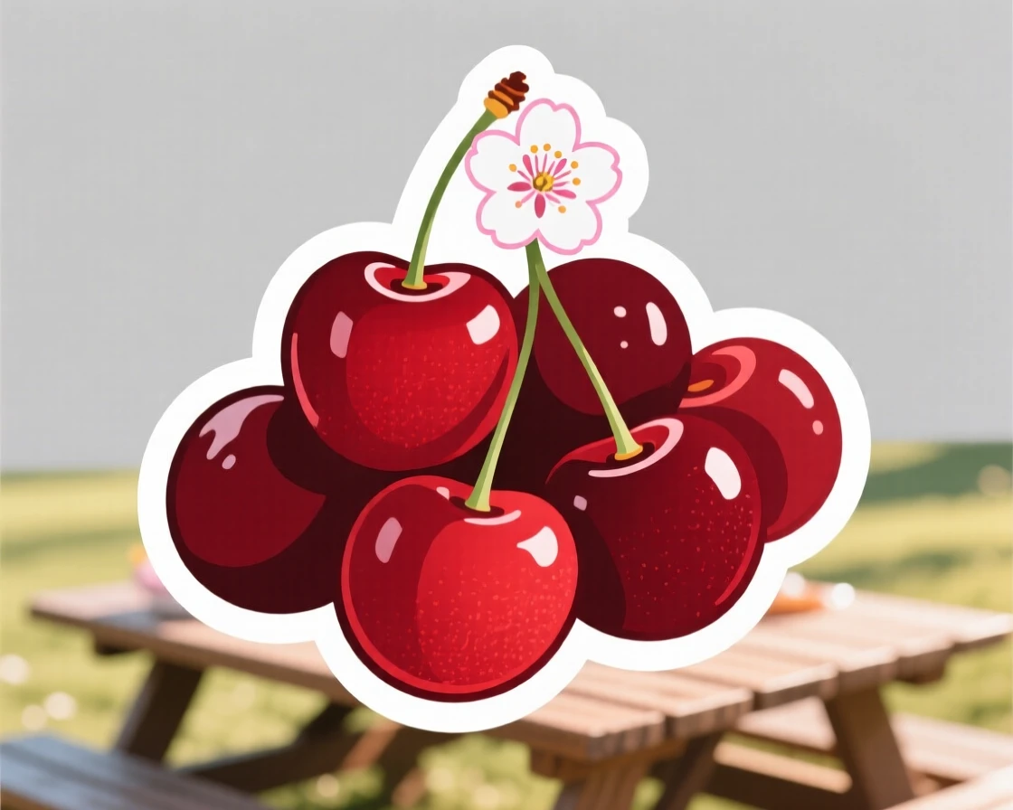 A freshly made cluster of ripe red cherries, topped with a single edible flower, in a sunny outdoor picnic setting.
