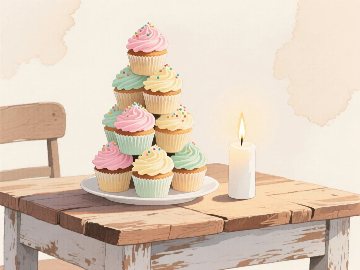 A tower of cupcakes sits with a candle flickering softly nearby on a rustic farmhouse table, arranged beautifully for a delightful meal