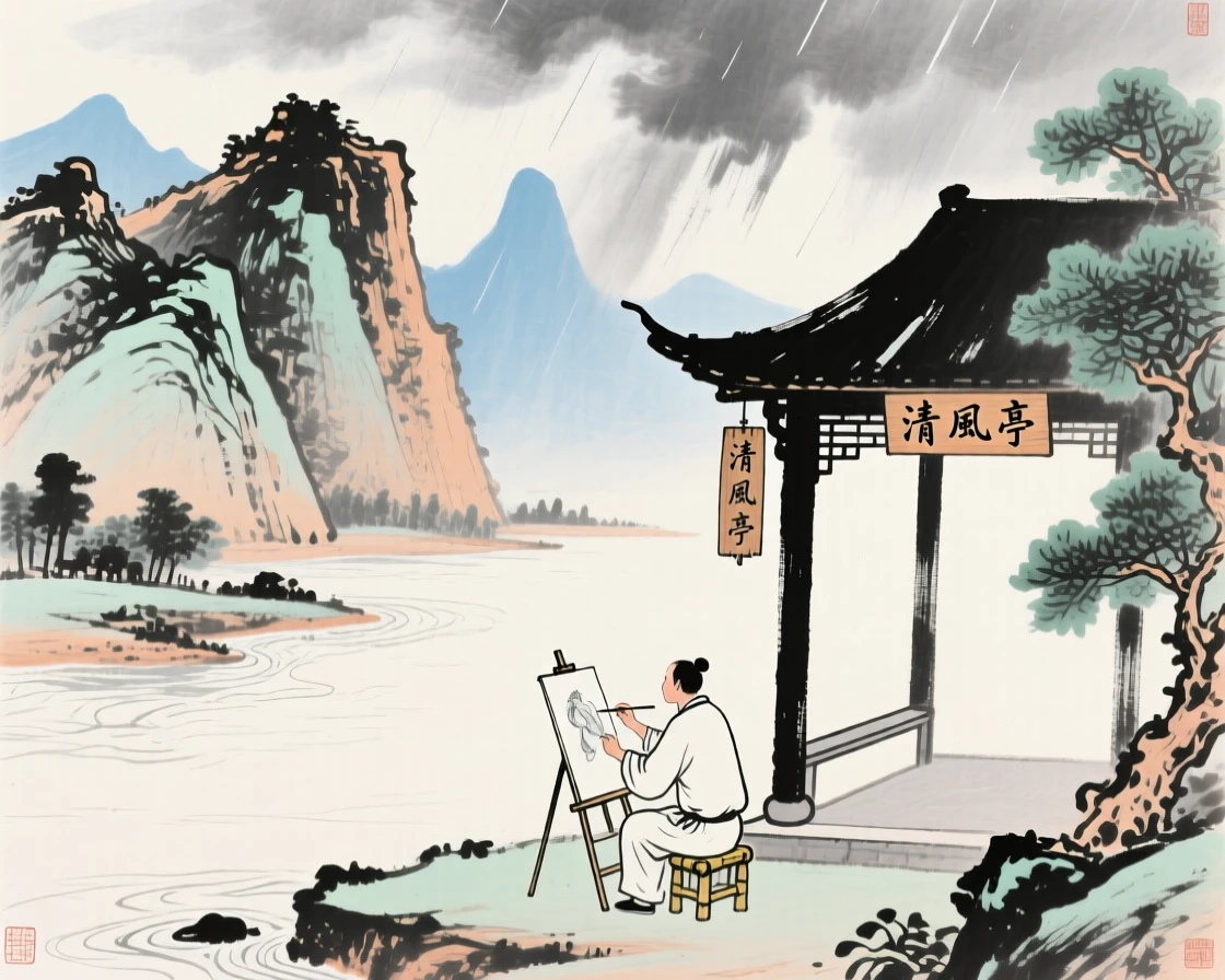 An artist sketching the mountains from a riverside pavilion, under clearing skies after a storm.