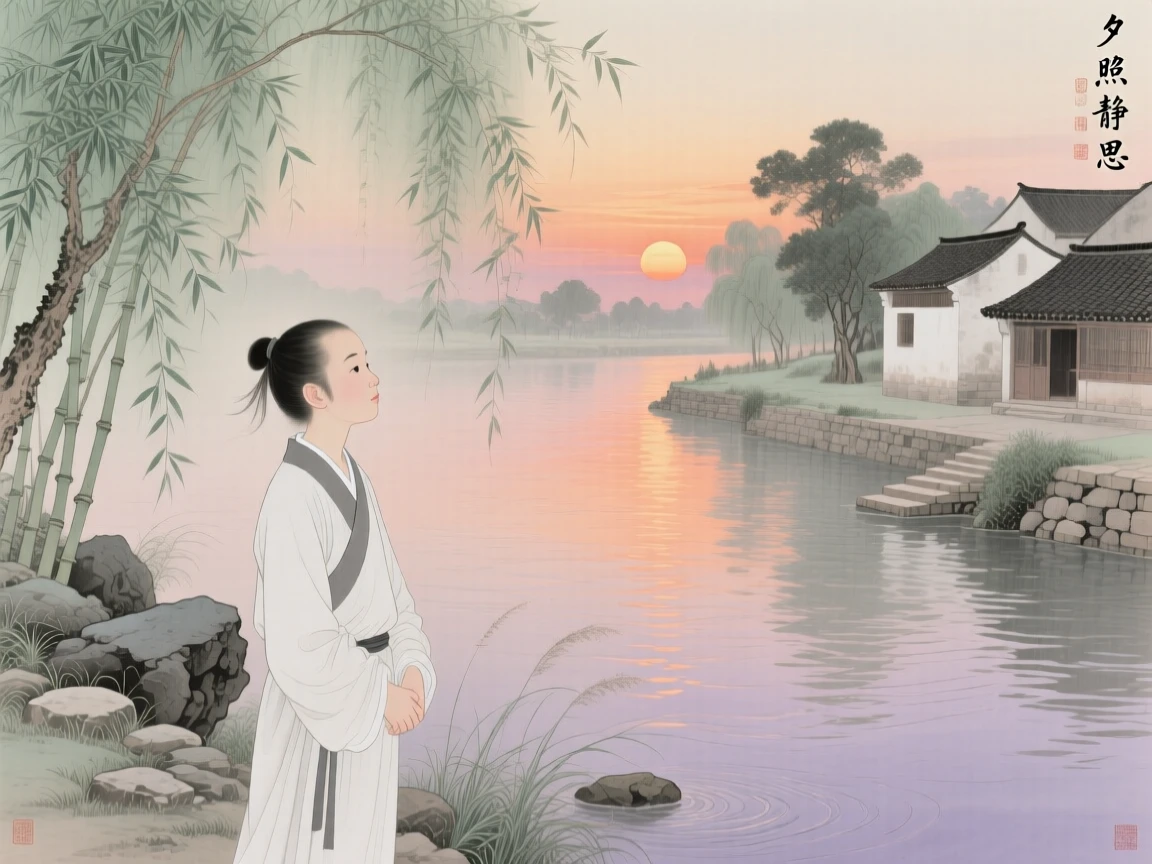 A young apprentice watching the sunset in quiet reflection beside a slow-moving canal at dusk