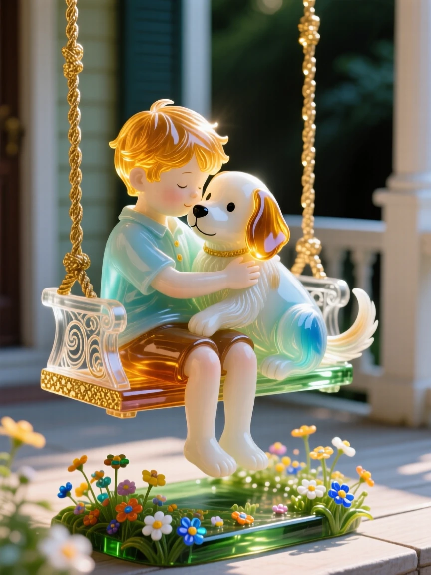 A little boy hugging his puppy tightly on a porch swing, tender and heartwarming.