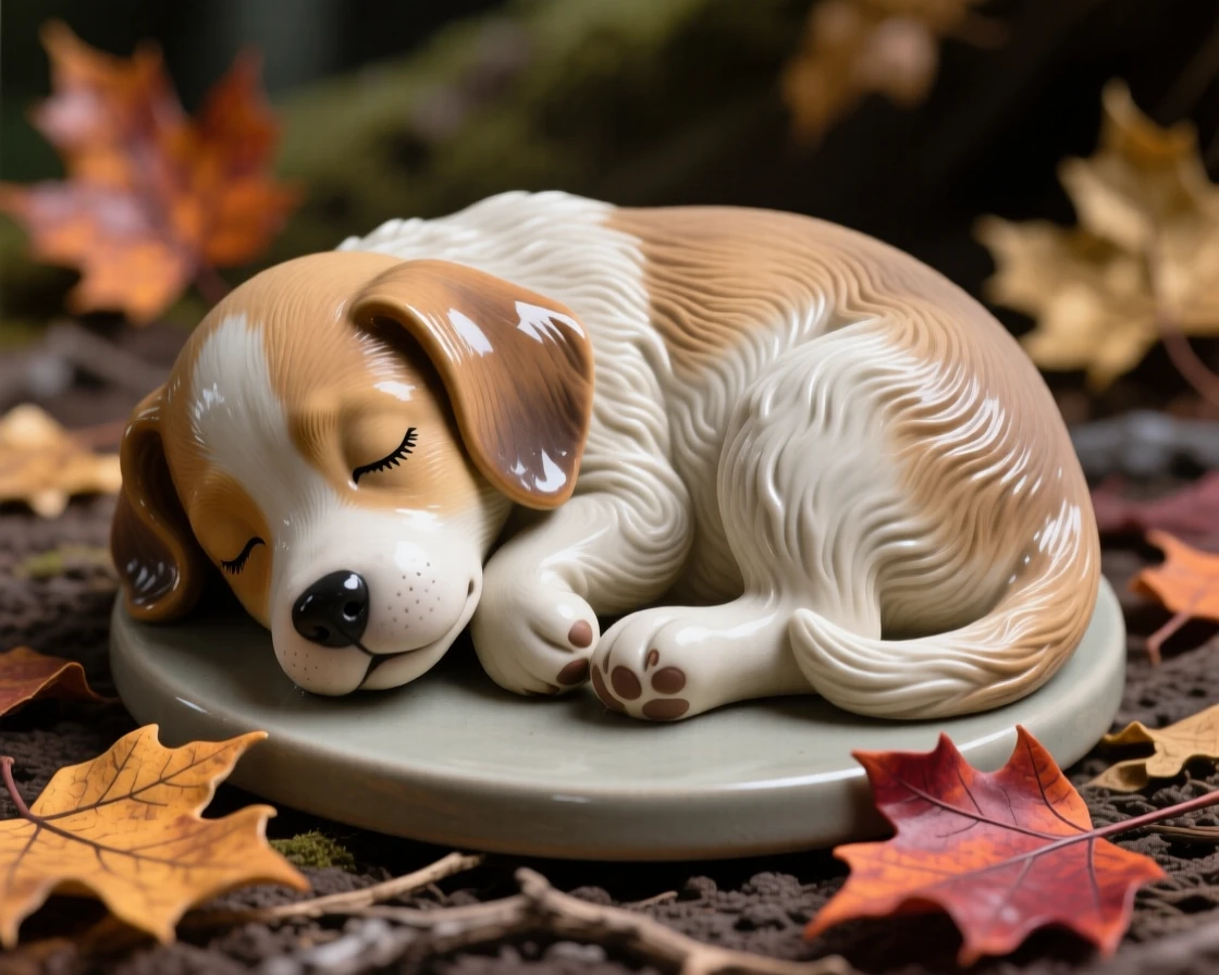 A sleeping puppy gazing calmly toward the horizon, framed by scattered autumn leaves, stirring a feeling of gentle wonder.