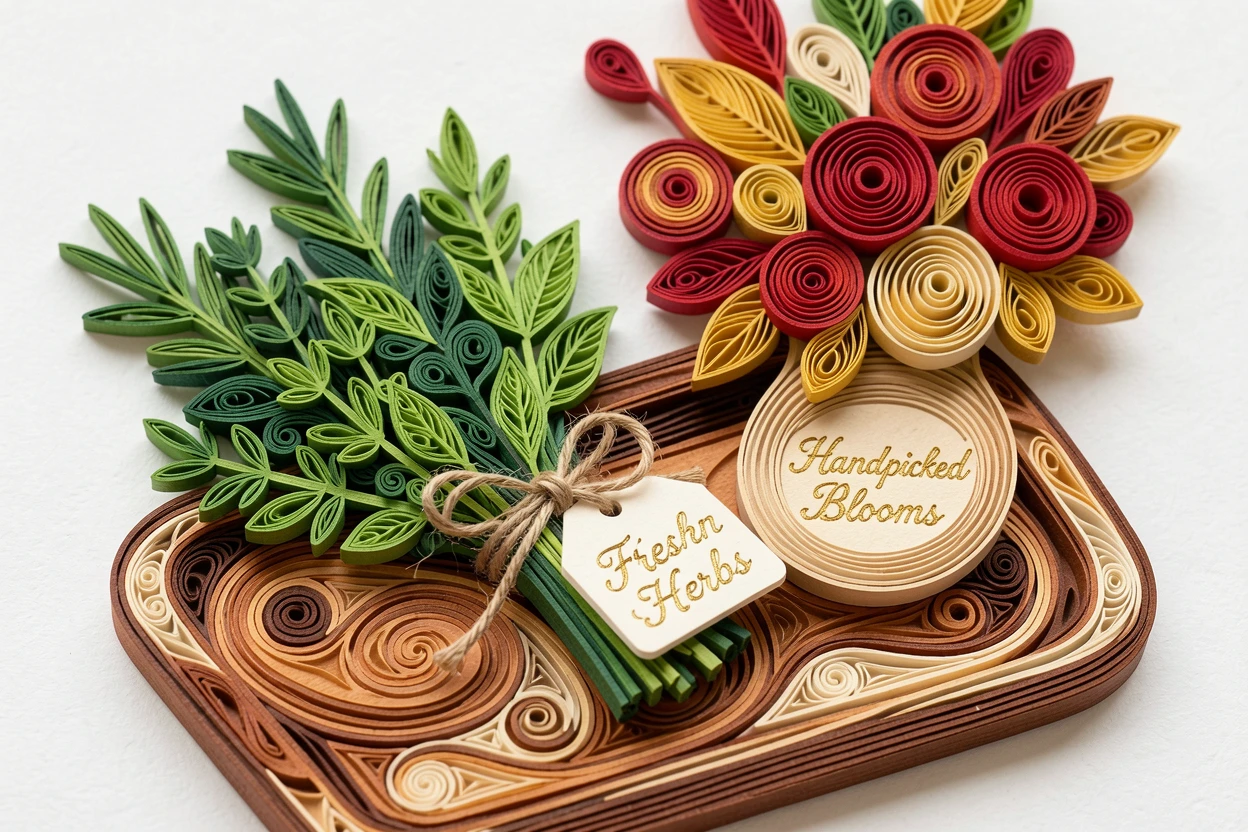 A cozy still life of a bouquet of kitchen herbs tied with twine on a wooden tray beside a vase of fresh flowers, in a fresh palette of green, red, and gold, composed with warm, inviting close-up framing.
