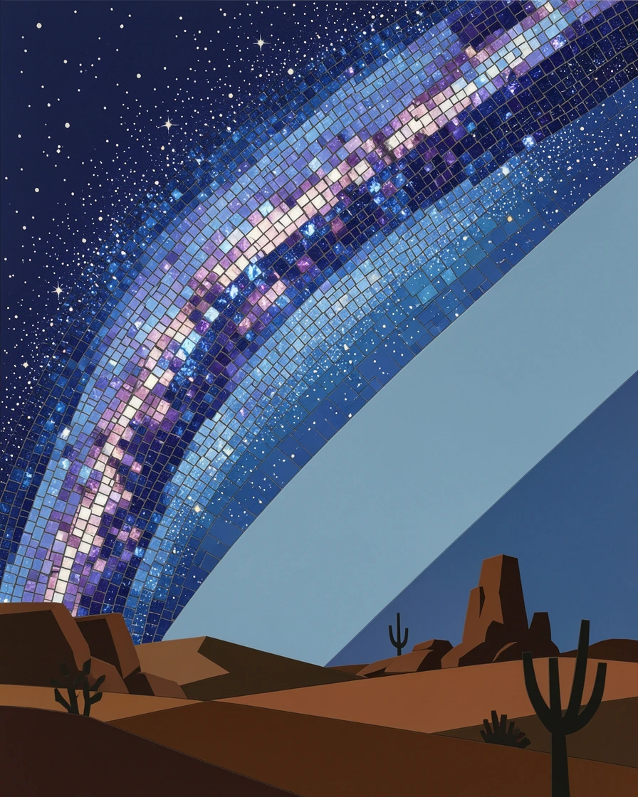 The Milky Way arching brilliantly over a silhouetted desert landscape.