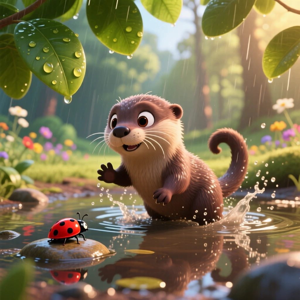 A curious otter pup is splashing in a shallow puddle after rain, watching a ladybug crawl by. The scene feels warm and heartwarming, with its whiskers twitching gently.