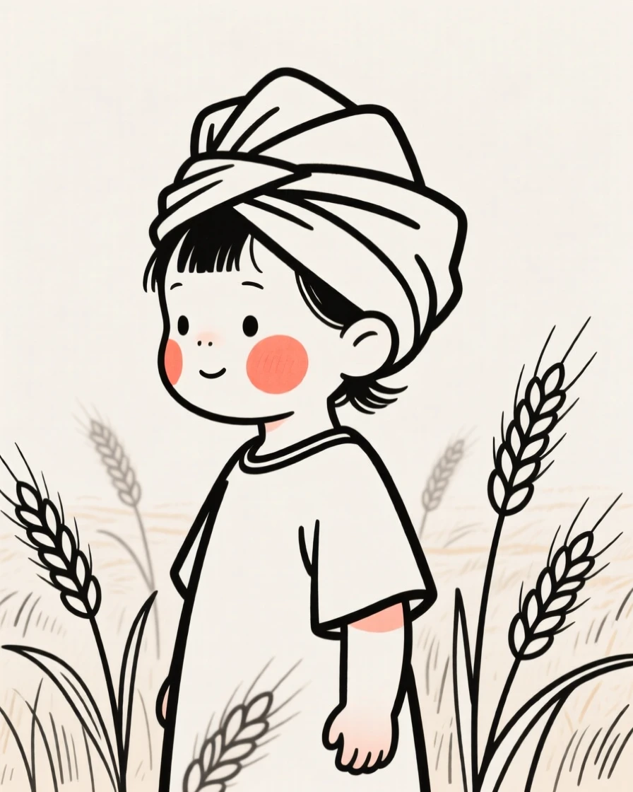 A two-year-old of Native American heritage wearing a Nigerian gele headwrap, exuding gentle warmth, in a wheat field at harvest.