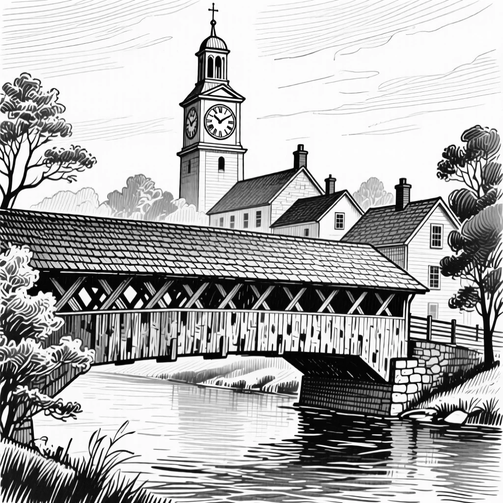 A new england covered bridge on a quiet early morning, featuring a clock tower rising above the rooftops, rendered in a timeless and grand architectural composition.