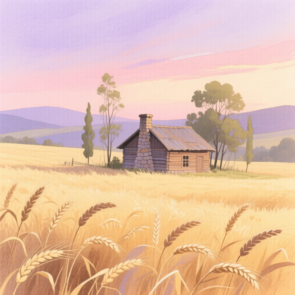 A breathtaking view of a golden wheat field in the soft glow of dusk, with a rustic cabin tucked among the trees