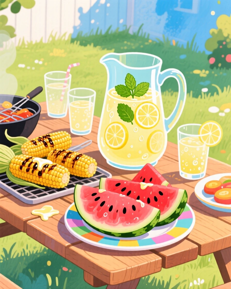 A table set for a summer barbecue with corn, watermelon, and lemonade, brimming with festive, mouthwatering delight.