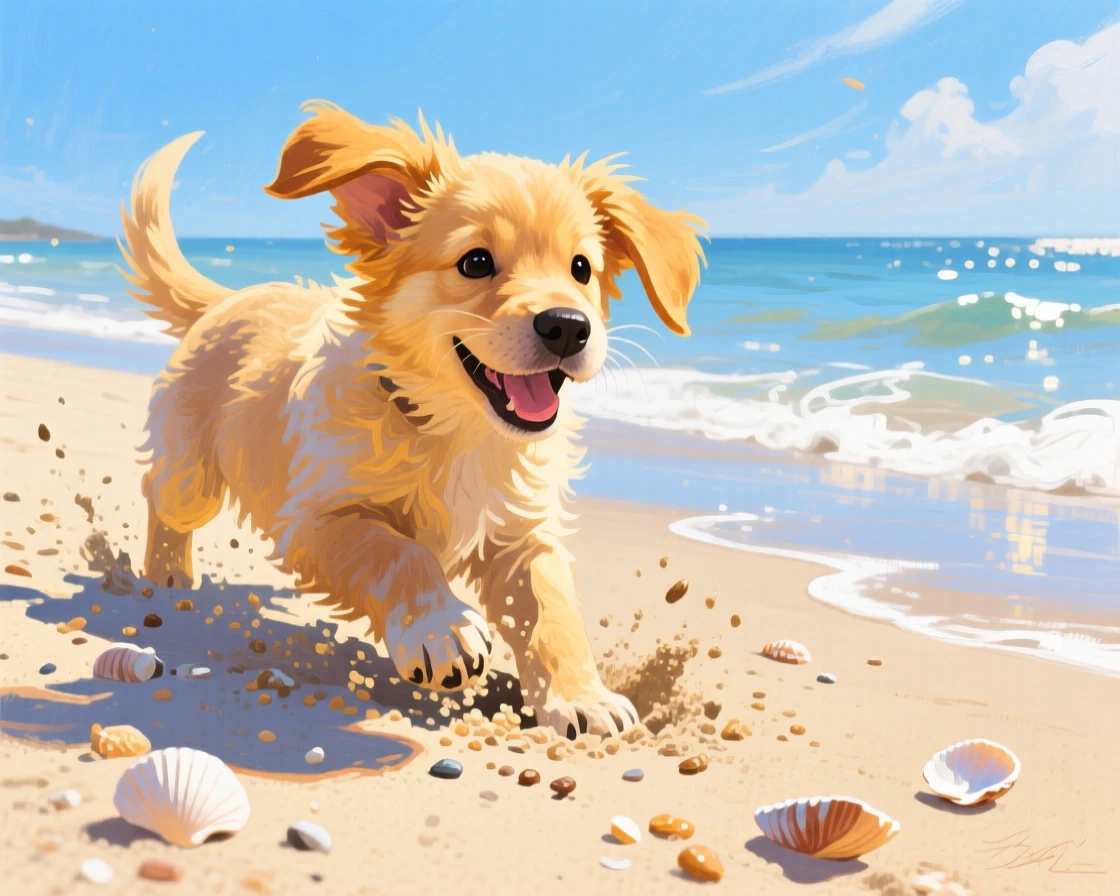 A joyful golden puppy digs enthusiastically in a sandy beach, ears flapping as waves lap gently at the shoreline nearby, the scene suggesting a fleeting, candid moment rather than a posed encounter.