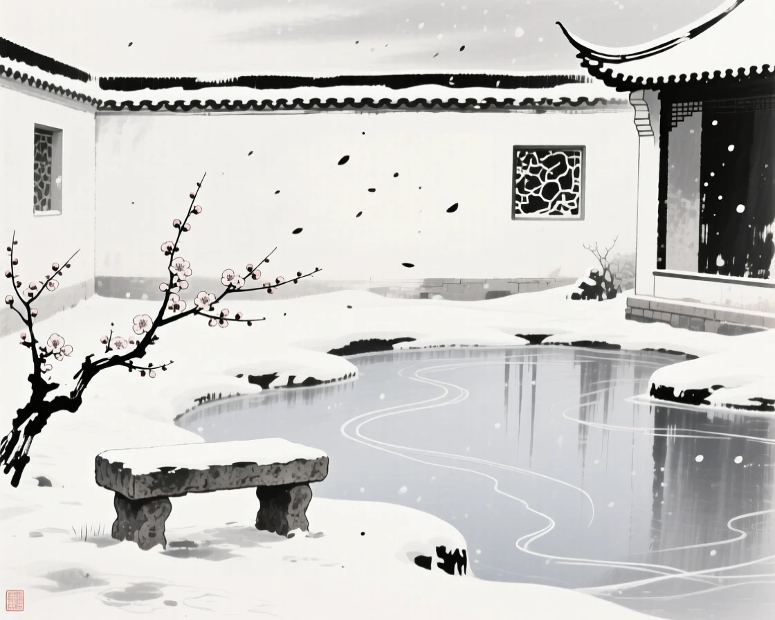 Plum blossoms drift down onto a stone bench in a snow-covered courtyard, beside a frozen pond reflecting the pale sky.