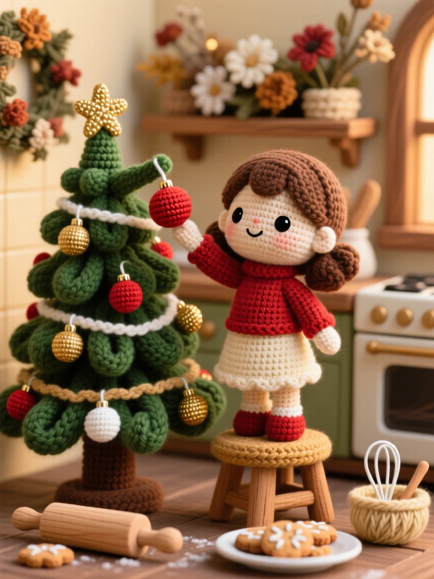 a little girl decorating a Christmas tree, standing on a small step stool, is shown hanging a shining ornament on a branch in a warm kitchen filled with holiday baking smells beside a garland of dried flowers, capturing nostalgic, storybook seasonal charm.
