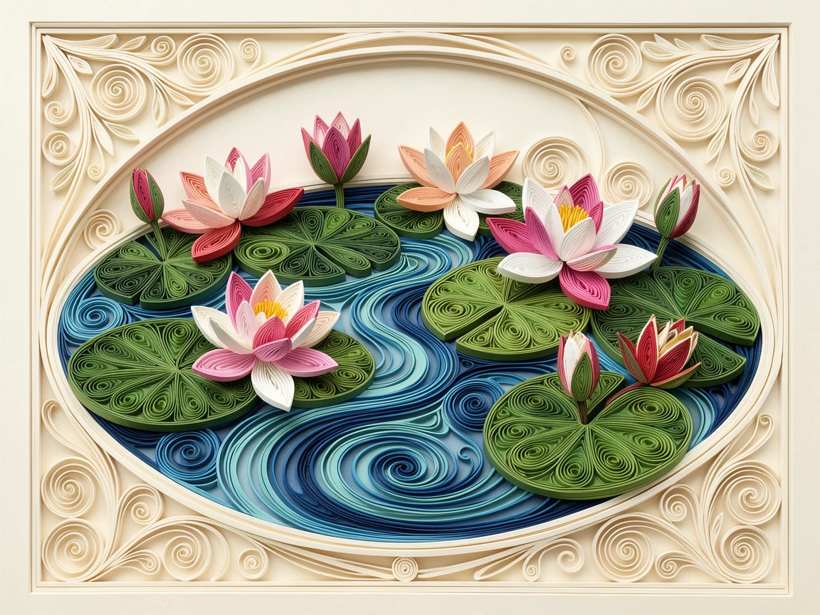 A serene botanical study of a still pond covered in lily pads and blossoms in a botanical garden conservatory, with delicate veining visible on each leaf, centered with generous negative space around it.