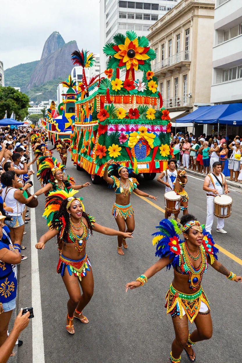 A carnival parade in Rio de Janeiro with elaborate costumes