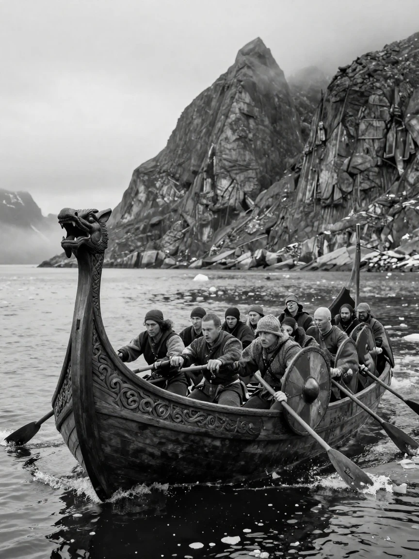 A Viking longship crew rows across icy northern waters along a rugged fjord coastline.