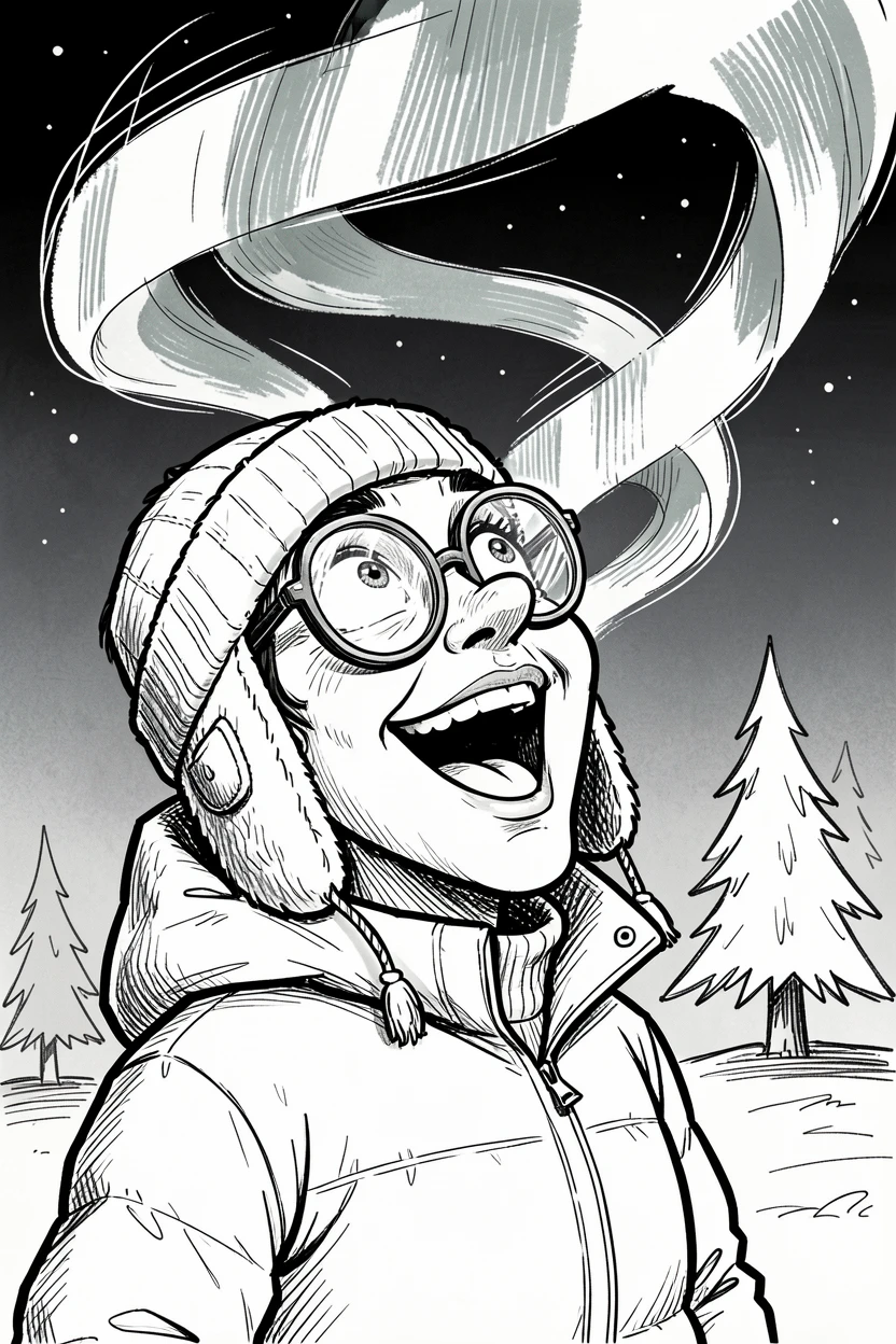 [Travel & Cultural Experiences] Vivid travel scene of a tourist marveling at the Northern Lights dancing overhead, full of wonder and adventure