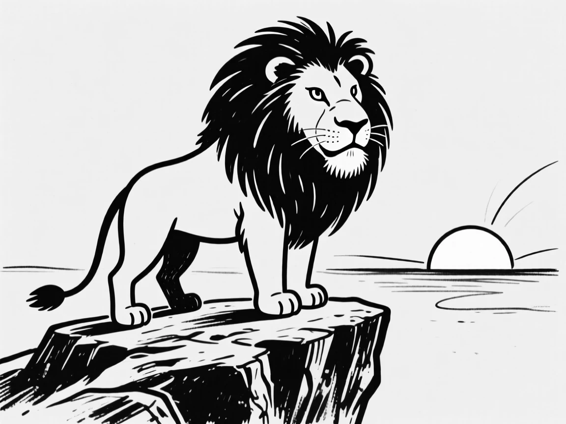 A noble lion king overlooking his kingdom from a rocky cliff at sunrise.