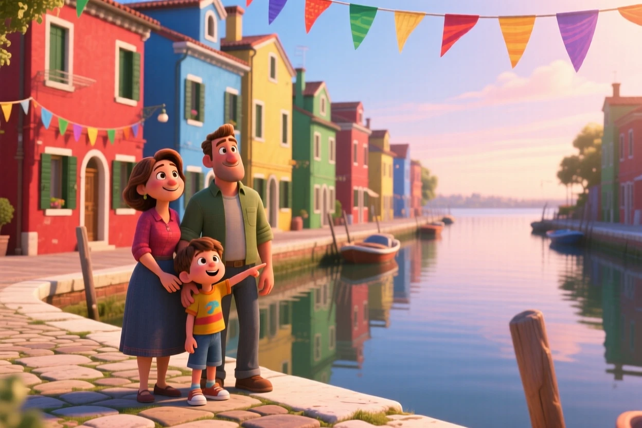 A family taking in the view stands standing before a row of colorful canal houses, sharing a quiet moment together. The scene feels vast, calm, and full of possibility, with colorful flags fluttering nearby.
