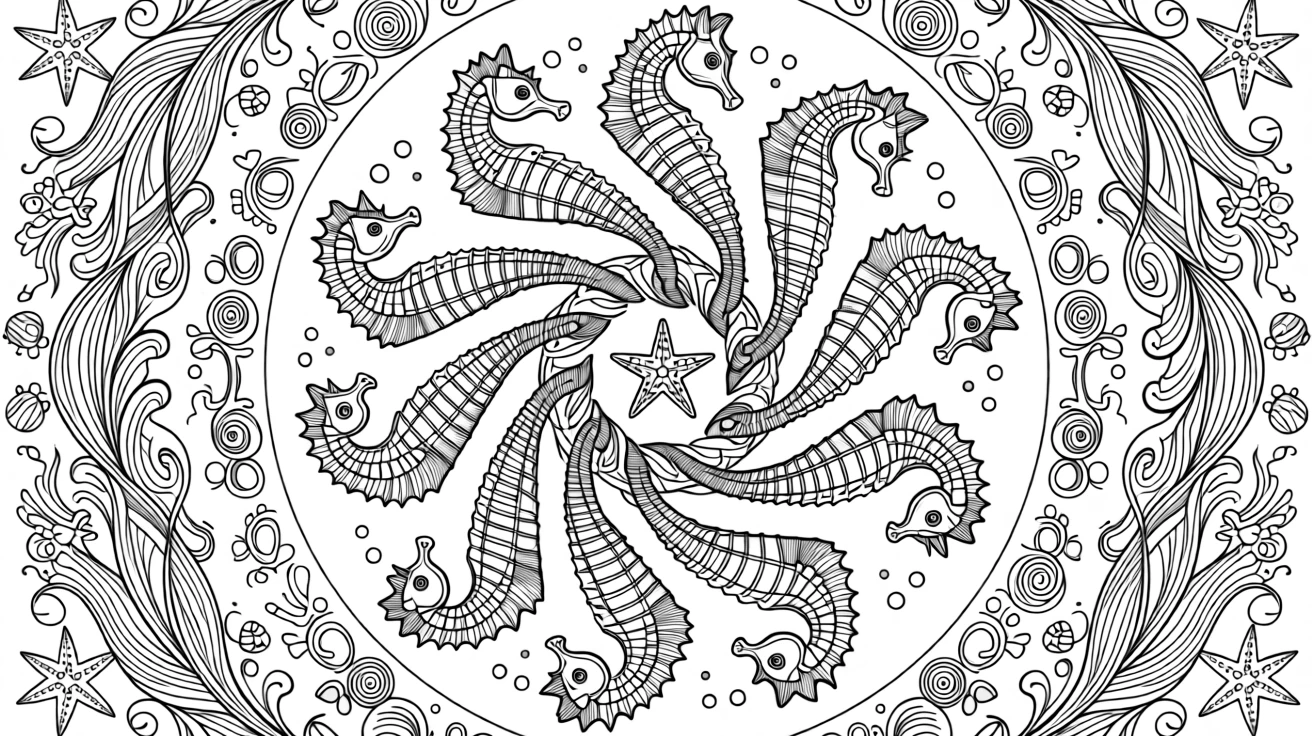 A mandala built from a spiral of seahorses curling toward the center.